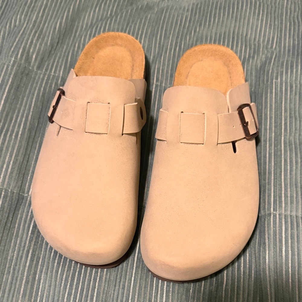 Women's Cream Suede Slip-On Clogs with Buckle